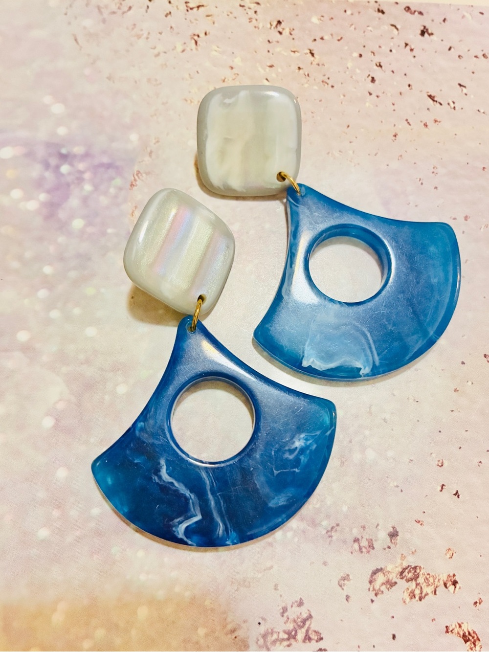 Marble Blue Fan shaped unique earrings, mid century modern style